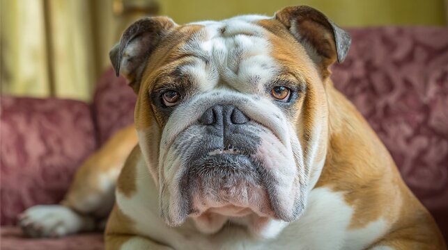 Overweight bulldog sitting with silly expression and droopy cheeks
