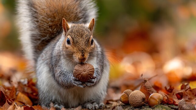 Plump squirrel holding an acorn with puffed cheeks in autumn scene