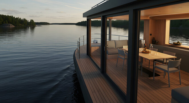 Experience serene luxury dining on a modern houseboat with breathtaking lake views at sunset