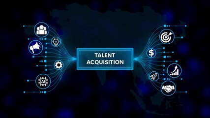 Digital concept of talent acquisition with interconnected icons. Business, Technology, Internet and network concept. Business icons on digital world map background. - Powered by Adobe