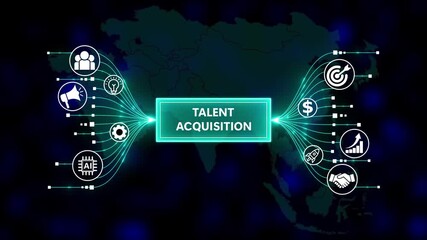 Digital concept of talent acquisition with interconnected icons. Business, Technology, Internet and network concept. Business icons on digital world map background. - Powered by Adobe