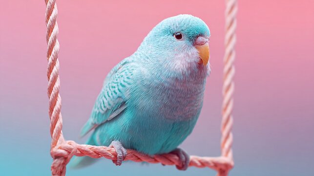 Funny chubby parakeet perched on a swing with pastel tones