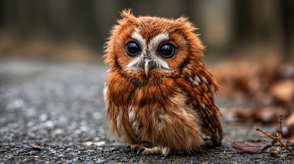 Round fluffy owl sitting with big curious eyes