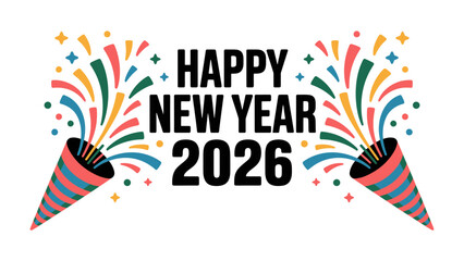 Festive Cheers for the New Year: A vibrant illustration of New Year celebrations, featuring festive crackers bursting with colorful confetti and a cheerful Happy New Year 2026 message.