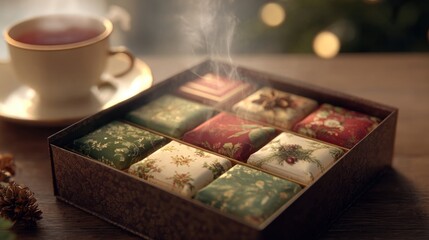 A box of assorted Christmas teas with a steaming cup,