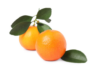 Fresh tangerines with green leaves isolated on white