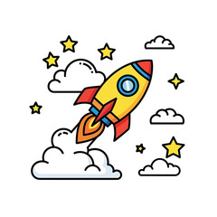 Naklejka premium Cartoon rocket soaring through a whimsical sky, amidst fluffy clouds and twinkling stars