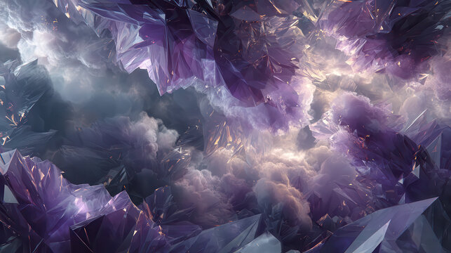 Close up of glowing purple and blue crystal formations