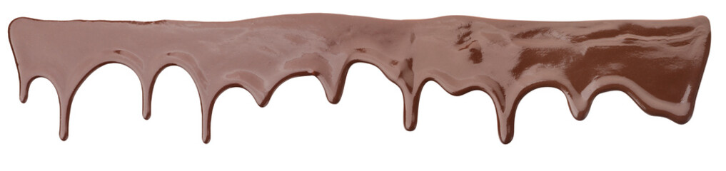 Tasty melted chocolate dripping on white background