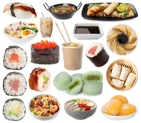 Asian food and drink isolated on white, collection