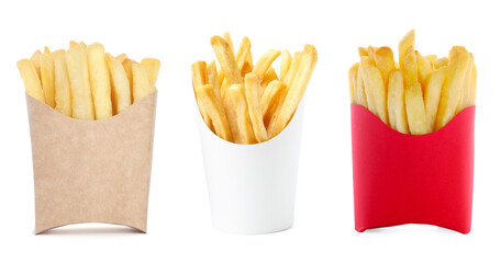 Tasty French fries in paper takeout containers isolated on white, set