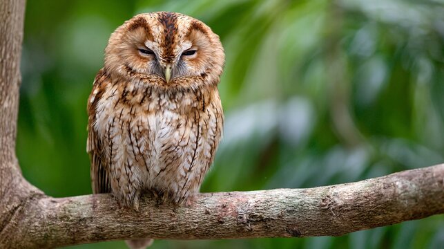 Fat owl perched on tree branch with sleepy eyes