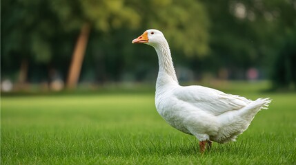 Round fluffy goose standing on green meadow