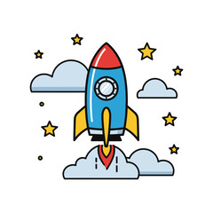 Whimsical rocket ship soaring through clouds and stars, vector illustration, children's design