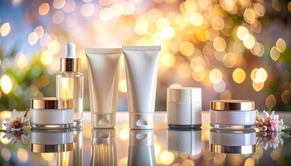 Skincare tubes and jars on floating mirrored surface with soft bokeh lighting effect behind.