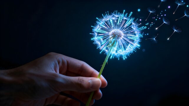 Human Hand Holding a Glowing Digital Dandelion Concept.