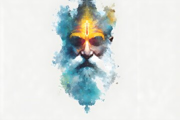 Abstract watercolor portrait of a wise old man with a long white beard and golden forehead mark