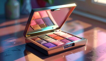 A pastel-colored makeup palette with open lid showing vivid shades, placed on reflective surface with gentle natural light.