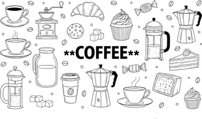 Coffee and Desserts Vector Doodle Set Outline Illustration Elements for Cafe Menu or Design
