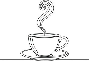 Continuous One Line Drawing Hot Coffee Cup with Swirling Steam Vector Minimalist Art