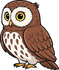 Cute Cartoon Owl Vector Illustration with Big Yellow Eyes and Brown Feathers Mascot