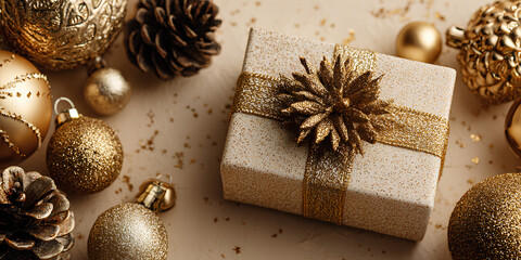 Luxurious golden christmas gift box surrounded by shiny festive ornaments