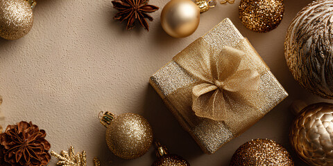 Luxurious golden christmas gift box surrounded by shiny festive ornaments