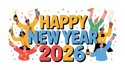 Happy New Year Celebration: A vibrant and colorful depiction of a diverse group celebrating the new year. Featuring the phrase Happy New Year 2026, this illustration exudes joy, festivity.