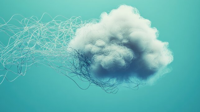 Abstract cloud formation with wispy lines on a teal background, representing creativity and thoughts flowing in an artistic manner in digital art style.