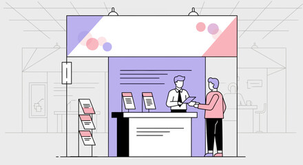 Trade show booth with staff attending to a visitor, promoting products and services in a professional exhibition setting