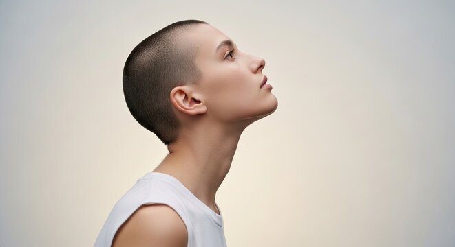Close Up Profile View Of Young Person With Shaved Head Looking Up - Powered by Adobe