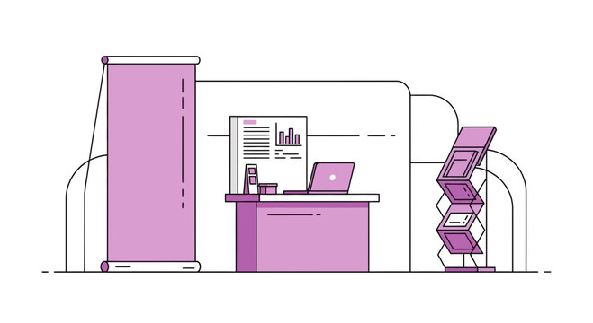 Trade show booth setup in line art, featuring a roll-up banner, information desk with laptop, and brochure stand for business events and marketing