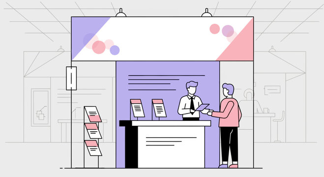 Trade show booth with staff attending to a visitor, promoting products and services in a professional exhibition setting