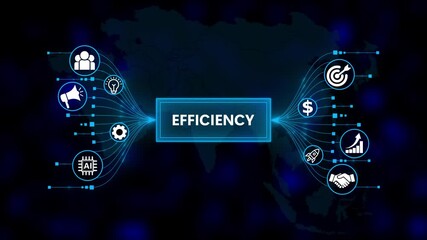 Conceptual network of efficiency with interconnected icons. Business, Technology, Internet and network concept. Business icons on digital world map background. - Powered by Adobe