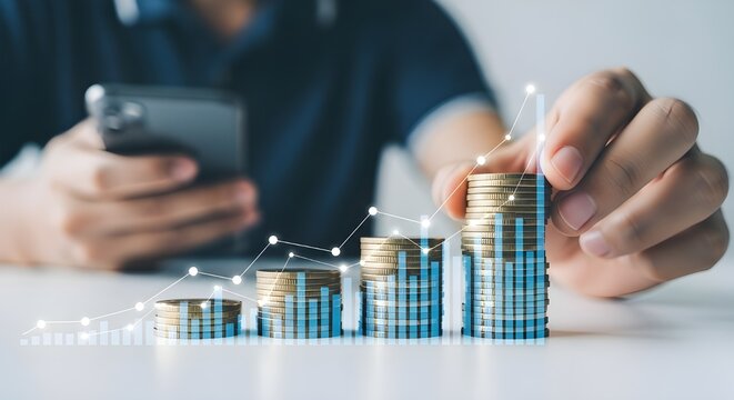 Man stacking coins and using phone to manage finances and investments