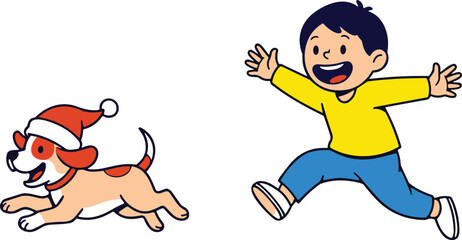 Naklejka premium Child running with dog, festive scene, Santa hat, joyful moment, cartoon style, vector graphic, holiday, fun, playful, art