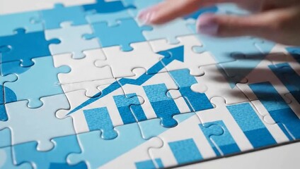 A hand places a blue and white puzzle piece with a bar graph design into an incomplete puzzle, symbolizing problemsolving, strategy, business completion, and finding solutions