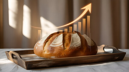 Food Inflation Metaphor: Realistic Still Life of Bread with Digital Financial Overlay.