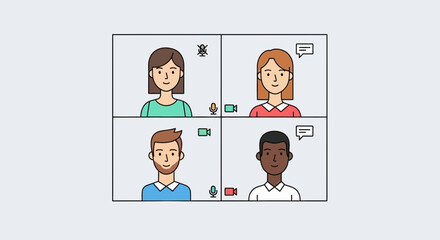 Connecting virtually for remote discussions, a diverse group of four individuals engages in an online video conference, symbolizing teamwork and communication in the digital age