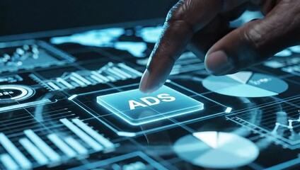 Hand pressing a glowing ads button on a futuristic digital interface, surrounded by data visualizations, symbolizing online advertising, digital marketing, and data analytics strategies - Powered by Adobe