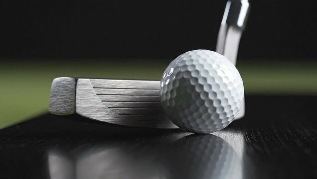 A closeup view captures a white golf ball with its dimpled texture, placed beside the metallic head of a golf putter, both resting on a dark, reflective surface, with a blurred green background