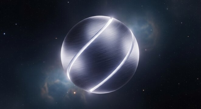 A metallic sphere with glowing lines orbits in deep space surrounded by stars and a nebula