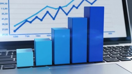 3d blue bar chart showing growth and a line graph displayed on a laptop screen, representing business data analysis, financial trends, and technological advancement in a digital environment - Powered by Adobe