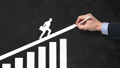 A hand draws an upwardsloping line on a black chalkboard, with a white silhouette of a businessman running up the line, symbolizing progress, growth, and career advancement - Powered by Adobe