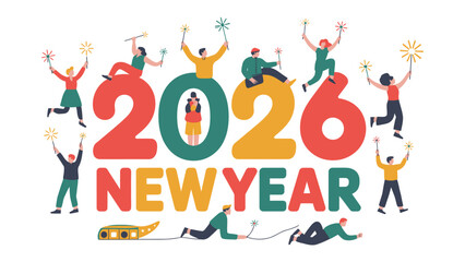 New Year Celebration: Festive individuals celebrate the New Year 2026, with colorful visuals of fireworks, emphasizing a cheerful start to the year. 