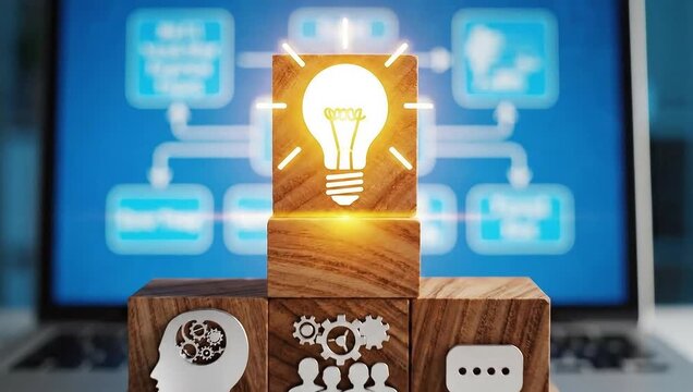 Innovative Business Idea Concept with Wooden Blocks and Light Bulb
