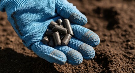 Hand wearing blue glove holding dark soil pellets on a bed of rich brown earth