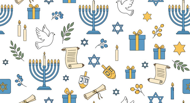 A seamless pattern of Hanukkah symbols including menorahs, candles, doves, Stars of David, dreidels, gift boxes, and scrolls on a white background.