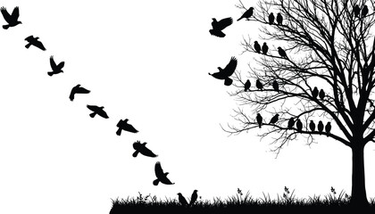 Flock of birds flying into a silhouette of a bare winter tree, black and white vector symbolizing freedom, rest, and nature.
