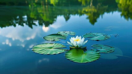 Serene pond with green lily pads and white lotus flower - Powered by Adobe